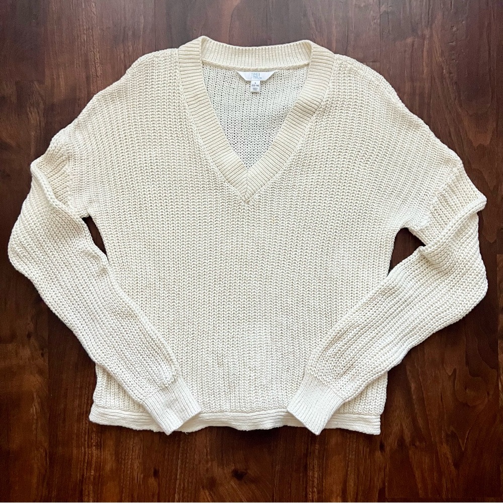 Time And Tru V-Neck Shaker Sweater Ivory Cream Long Sleeve Stretch Women’s Sz L